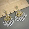 Kundan Studded Long Chandbali Earrings with Pearl Accents (YELLOW)