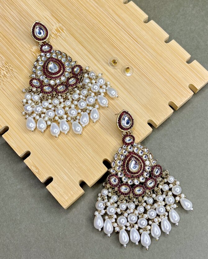 Kundan Studded Long Chandbali Earrings with Pearl Accents (RANI) - Image 2